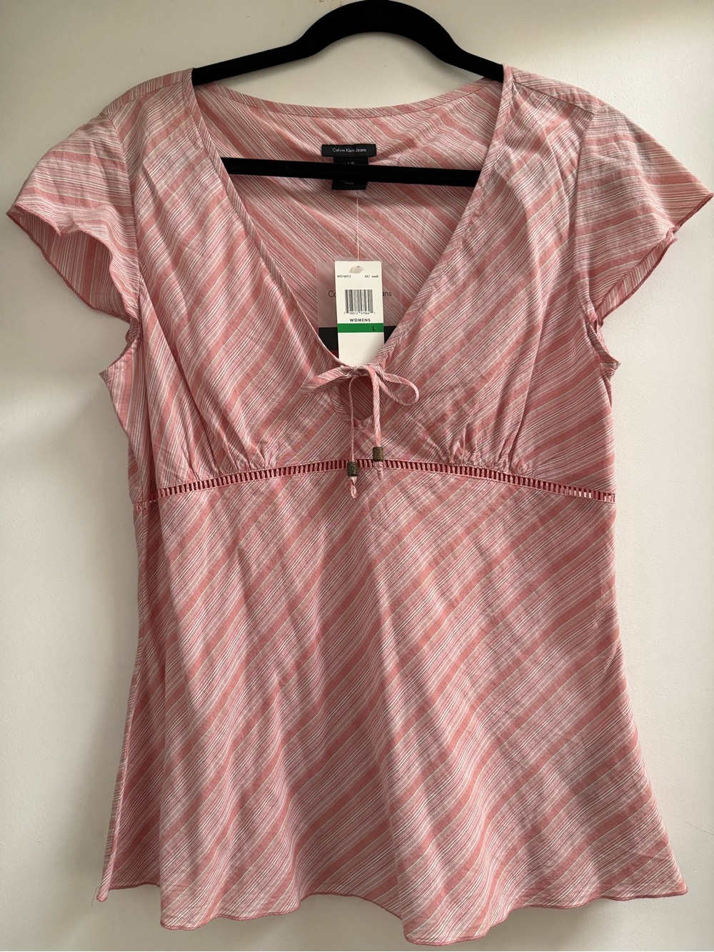 Calvin Klein Jeans Pink and White Striped Tie-Front Cap Sleeve Tunic